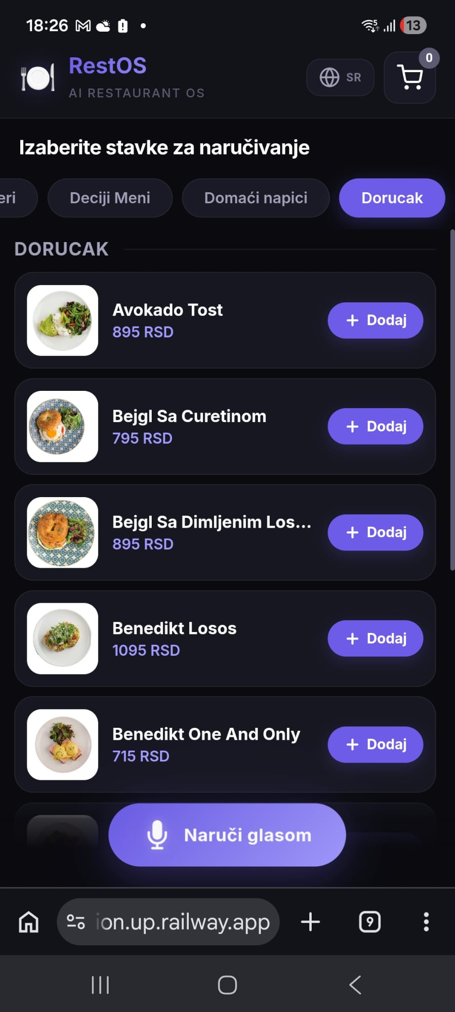 RestOS mobile QR ordering interface showing menu items and cart